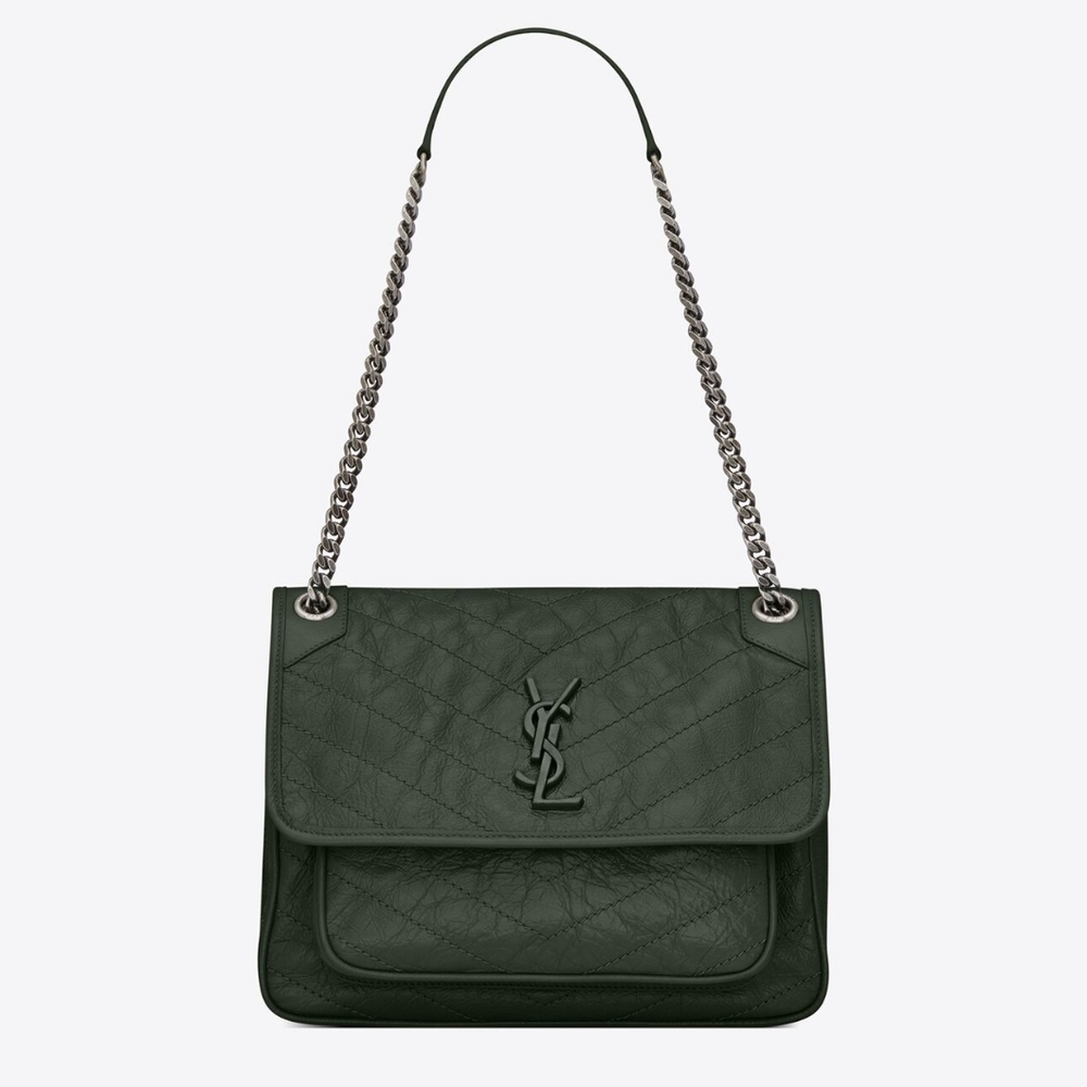 YSL Saint Laurent Niki Medium Chain Bag In Crinkled Vintage Leather-DARK GREEN